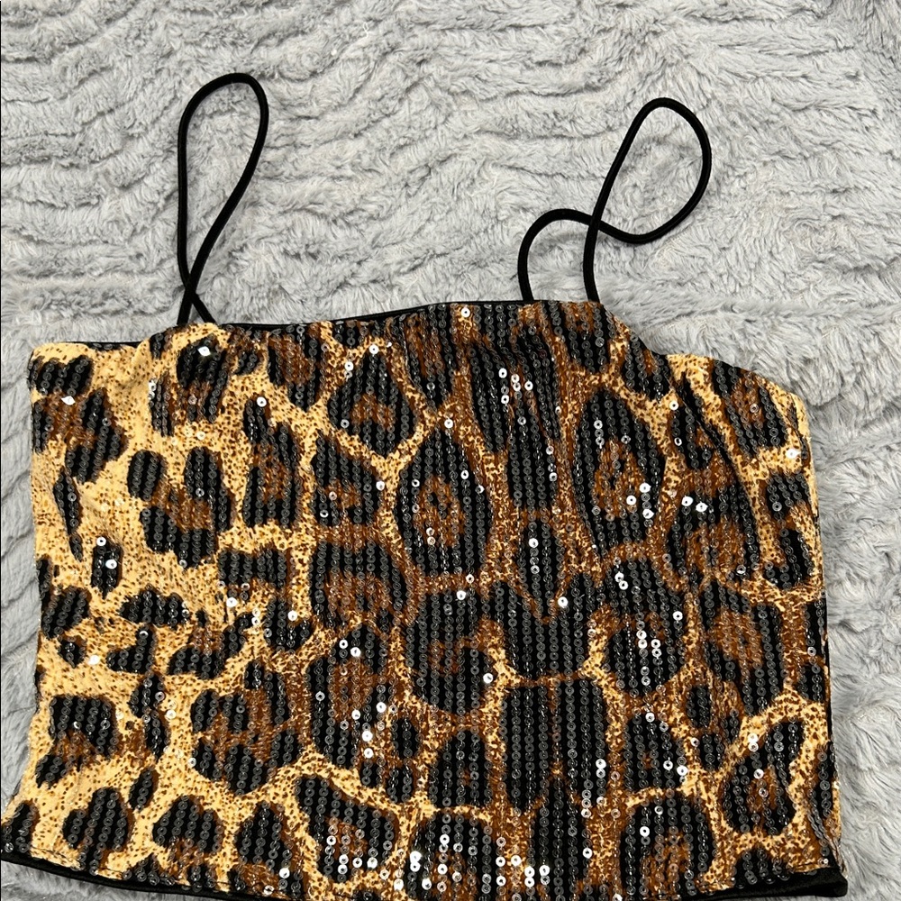Leopard Print Sequin Crop Top